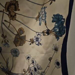 Elegant Floral Scarf with Blue, Cream, and Brown Accents